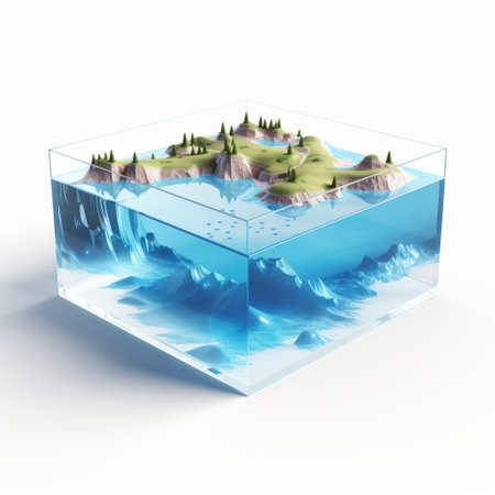 a whimsical topography-inspired 3d image of an island or lake enclosed in a transparent glass container. the container is isolated to opacity, allowing for creative ideas and data visualization. the flattened perspective and storybook illustration style give it a unique and captivating look. this image combines elements of tesseract, weathercore, and national geographic photography. ai generatedの素材