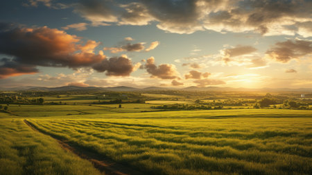 a stunning sunset illuminates a vast pasture, adorned with lush green grass. this picturesque scene, reminiscent of traditional british landscapes, is captured by the talented artist mike campau using terragen software. the image showcases the charm and tranquility of idyllic rural scenes, with vibrant color fields of yellow and green. the gravity-defying landscapes add a touch of awe to this captivating composition. ai generatedの素材