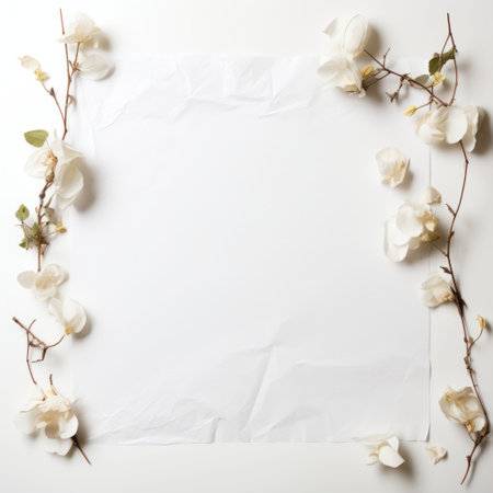 a white paper frame showcases delicate white magnolia blossoms, embodying the essence of deconstructed objects, american romanticism, happenings, creative commons attribution, japanese minimalism, and lucy glendinning's artistic style. the composition beautifully combines romantic floral motifs with contemporary influences, resulting in a visually captivating and thought-provoking image. ai generatedの素材