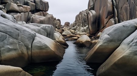 craggy head on the north sea shore captures the mesmerizing aeolian oceanscape during a stunning sydney sunrise. this photograph, taken in tasmania island, showcases the unique style of the zeiss batis 18mm f2.8 lens. the surfaces of the landscape are depicted in dark beige and gray tones, creating a postmodern surrealism effect. the saturated pigment pools and naturalistic poses add to the overall unreal andの素材