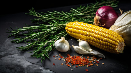 a photo of corn with a blend of spices, including garlic, rosemary, and various herbs. the corn is presented on a black background, creating a striking contrast. the arrangement is vibrant and colorful, reminiscent of rural america. the image beautifully combines natural elements with man-made materials, resulting in a captivating composition. the low depth of field adds depth and dimension, while the materials intertwine harmoniously.の素材