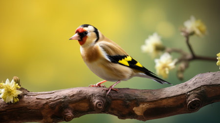 a bird wallpaper for desktop backgrounds featuring a satirical twist on wildlife art. the light gold and yellow tones add a touch of elegance to the realistic animal portrait. captured with a canon eos 5d mark iv, this tranquil gardenscape showcases the delicacy of touch in the biedermeier style. ai generatedの素材