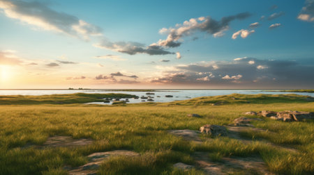 the sun rises over a grassy area near the water, reminiscent of dutch seascapes. this national geographic photo captures the beauty of lively coastal landscapes. rendered in maya with vray tracing, the image showcases atmospheric clouds, creating a captivating scene reminiscent of the works of harald sohlberg. ai generatedの素材