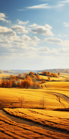 a brown field stretches across the landscape, bathed in golden hues. this romantic scenery captivates with its yellow and orange tones. the photo showcases the beauty of nature in stunning 8k resolution. reminiscent of slovenian paintings and national geographic photos, it portrays a romantic and dramatic landscape. ai generatedの素材