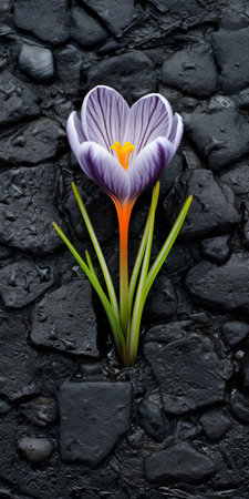 a black stone wall adorned with vibrant purple flowers, reminiscent of the artistic styles of caras ionut, marc quinn, and carl kleiner. this uhd image showcases the striking contrast between the dark wall and the vivid blooms. with a focus on environmental awareness, the composition highlights the beauty of nature. experience this captivating scene in stunning 8k resolution. ai generatedの素材