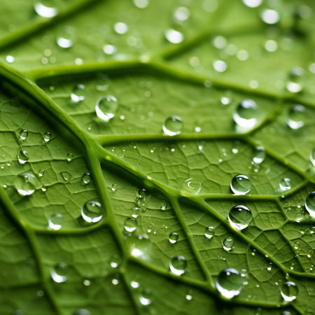 water droplets glisten on a vibrant green leaf, captured through the lens of the tokina at-x 11-16mm f/2.8 pro dx ii. this sustainable design showcases the intricate details of nature, reminiscent of the enchanting realms depicted in edmund leighton's artwork. the photograph beautifully captures the essence of eco-friendly craftsmanship, reminiscent of the captivating surfaces often seen in robert bissell's photographs. ai generatedの素材