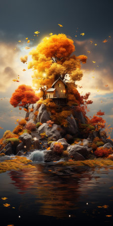 a house on an island surrounded by vibrant yellow autumn foliage, resembling epic fantasy scenes. the image showcases a layered and atmospheric landscape, created using vray technology. the whimsical multimedia elements add to the beauty of this stunning uhd image, featuring a color palette of orange and brown. ai generatedの素材