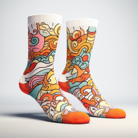 a pair of socks featuring vibrant and intricate patterns, including a standout orange one. this conceptual digital art showcases highly detailed illustrations with swirling vortexes, cartoonish elements, and a bold use of line. the design draws inspiration from maranao art, characterized by its smooth lines and captivating aesthetics. ai generatedの素材