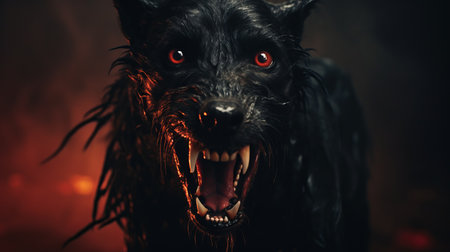 3d red dog creature monster head wallpaper featuring a dark and moody landscape. the intense action scenes and low depth of field create a captivating visual experience. the dark black color scheme adds to the overall mysterious atmosphere. this hyper-realistic oil artwork is inspired by necronomicon illustrations and captured using the tokina at-x 11-16mm f/2.8 pro dx ii lens. ai generatedの素材