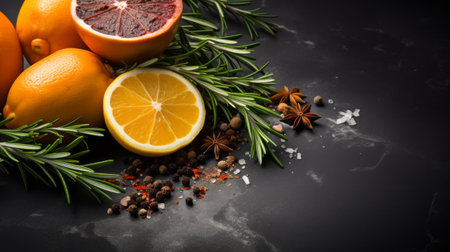 a photo of oranges, rosemary, herbs, and spices arranged on a black background. the innovative page design and polished concrete create a festive atmosphere. the iconic image is captured using spot metering, highlighting the vibrant yellow and crimson colors. ai generatedの素材