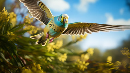 a large, brightly colored bird soars gracefully above a vibrant field of yellow flowers. this stunning image, reminiscent of a scene rendered in unreal engine, showcases a mesmerizing blend of light turquoise and light pink hues. the photo-realistic techniques employed, along with the use of daz3d software, bring out the intricate details of the bird's feathers. the incorporation of native australian motifs and the uniqueの素材