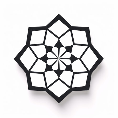 two sophisticated woodblock-style decorative black tile patterns in the shape of a star. these neo-geometric conceptualism designs feature circular and faceted shapes, creating a visually striking contrast against the white background. the patterns showcase personal iconography and intricate geometric shapes, adding a touch of elegance to any space. ai generatedの素材