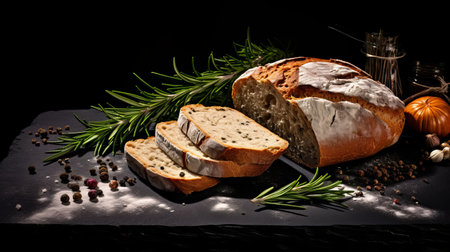 a loaf of bread, adorned with rosemary and spices, is showcased on a slate surface. the photograph is captured using softbox lighting, resulting in a high dynamic range. the composition features a dark white and silver color scheme, with multi-layered elements. this tabletop photography piece is presented in a bold and dynamic tondo format. ai generatedの素材