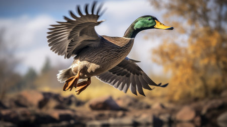 a duck in flight over a serene lake, with a backdrop of trees, captured in the style of detailed hunting scenes by miki asai. this stunning image showcases the technique of focus stacking, resulting in a sharp and vibrant composition. the dark gray and yellow tones add a touch of drama, while the uhd resolution brings out the rich greens and browns of the surroundings.の素材