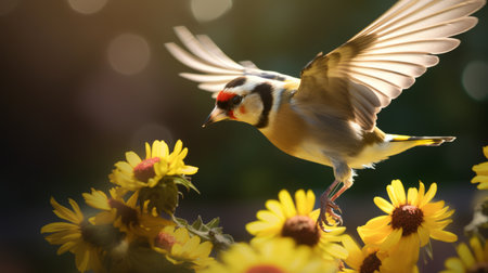 a tiny bird sits gracefully on a delicate flower, captured in the stunning style of octane render by the talented artist magali villeneuve. this ultra-high-definition image showcases a palette of light yellow and light amber, evoking the serene beauty of english countryside scenes. with its joyful chaos and realistic rendering, this artwork is a true visual delight. ai generatedの素材