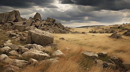 blue rocks stand out against a stormy sky in this traditional british landscape captured by lisa parker. the sepia tone adds a timeless feel to the image, showcasing the beauty of nature. shot with a canon ts-e 17mm f4l tilt-shift lens, the photo features brushstroke fields, creating a captivating prairiecore aesthetic. ai generatedの素材