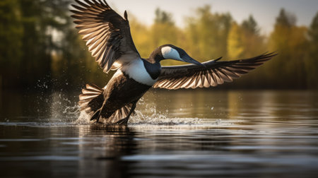 a bird soaring gracefully over a serene lake, showcasing its majestic wings in a dark brown and white color palette. captured with a large format lens, this photograph embodies the artistic style of the helsinki school. softbox lighting enhances the bird's features, while the use of kimoicore creates a smooth and shiny effect. the composition evokes a sense of wonder, reminiscent of wimmelbilder scenes. aiの素材