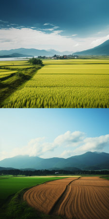 farm fields in classic japanese simplicity style, captured in 8k resolution, showcase vibrant coastal landscapes with a touch of yellow and aquamarine. these atmospheric scenes, reminiscent of traditional vietnamese terragen, offer a unique blend of tranquility and liveliness. ai generatedの素材