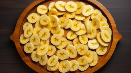 sliced banana pieces arranged on a wooden tray, captured in a 32k uhd photograph by chip zdarsky. the circular shapes of the fruit create a visually appealing composition. the matte finish of the photo enhances its luminous quality. shot using ferrania p30 film, this image showcases the full body of the bananas. ai generatedの素材