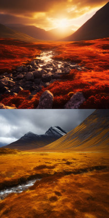 3d models of scottish mountain scenery, featuring dark orange and dark crimson tones. these bold and vibrant landscapes showcase a rich chromaticity of silver and amber hues. captured using the hasselblad h6d-400c, these fantasy-inspired diptychs tell a captivating narrative through stunning and immersive visuals. ai generatedの素材