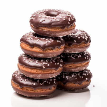 a stack of chocolate donuts in the shape of a heart, showcasing a unique combination of light gray and dark amber colors. this high contrast image, captured by don bergland, offers a thought-provoking critique of consumer culture. the high definition quality highlights the intricate details of the donuts, while also capturing a sense of suburban ennui. ai generatedの素材