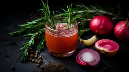 a glass of red wine with rosemary, onions, and lemon is beautifully presented on a black background. the eco-friendly craftsmanship and soft, blended colors create a unique and innovative style. the steampunk and sonian influences add a touch of warmth and creativity. the use of natural fibers enhances the overall aesthetic. ai generatedの素材