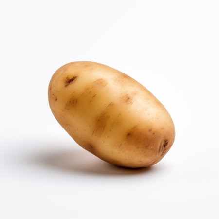 a potato, captured with the tamron 24mm f/2.8 di iii osd m12 lens, is showcased on a clean white background. the composition draws inspiration from the artistic styles of kazuki takamatsu, jean-leon gerome, and adonna khare, featuring clean lines and pure forms. the image has a rounded aesthetic, reminiscent of the rtx design. ai generatedの素材