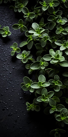 fern plants, reminiscent of basil gogos' style, are captured on a black background adorned with water droplets. this eco-friendly craftsmanship showcases the intertwining materials, creating a visually stunning image. with selective focus, the photo taken with a nikon d750 exudes a pastoral charm that is both captivating and serene. ai generatedの素材