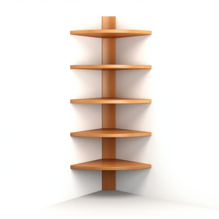 a 3d image of a wooden shelf, positioned on the side of a white wall. the design incorporates frequent use of diagonals, creating a visually dynamic composition. the matte finish of the photo enhances its modern aesthetic, while the luminous shadowing adds depth and dimension. this image is available under the creative commons attribution license. ai generatedの素材