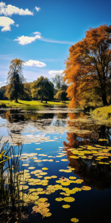 blue sky above the lily pad pond area, capturing the essence of traditional british landscapes. this stunning image showcases a palette of light amber and orange hues. shot with a graflex speed graphic camera, the ultra-high-definition (uhd) quality brings out the intricate details. reminiscent of the works of david mould, edmund leighton, and louis comfort tiffany. ai generatedの素材