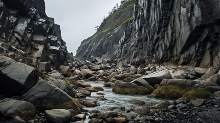 rock in the river of rocky gorge, washington, usa. atmospheric and moody landscape captured by joong keun lee in the style of vernacular photography. coastal scenes reminiscent of mikhail nesterov's serene atmospheric perspective. adventure-themed image showcasing the beauty of nature's elements. ai generatedの素材