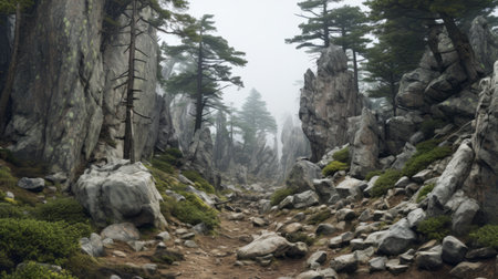 rocks and boulders emerge from a foggy background, evoking the atmospheric style of gothic romanticism. this forestpunk-inspired photograph captures the essence of the wilderness, reminiscent of a referential painting. the passage-like composition showcases symmetrical asymmetry, creating a captivating visual narrative. a stunning image that could easily grace the pages of national geographic. ai generatedの素材
