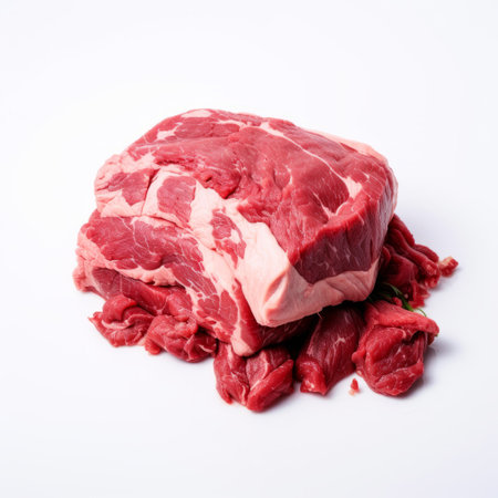 sliced and chopped beef, captured with the tokina at-x 11-16mm f/2.8 pro dx ii lens, is showcased on a clean white background. this visually striking image features a y2k aesthetic with hints of gray and crimson. the composition evokes a sense of texture and depth, reminiscent of body casts and prints. shot on fujifilm eterna 400t type 8673 film, the photo exhibits a captivating whiplashの素材