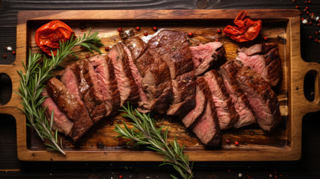 a steak with tomato and rosemary is beautifully presented on a wooden board. the dark magenta and light brown color scheme adds a touch of elegance to the handcrafted designs. this high-resolution 32k uhd image captures the essence of larme kei style, with its dark brown and light brown tones. the feminine body and overall aesthetic make this photo visually captivating. ai generatedの素材