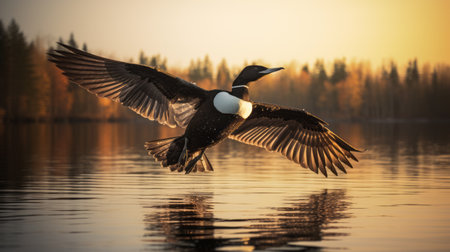 a bird gracefully soars above a serene lake during a tranquil autumn afternoon. the photograph captures the essence of the vancouver school's dark brown and light beige style, enhanced by the backlight. the use of the tokina at-x 11-16mm f2.8 pro dx ii lens adds depth to the depiction of animals, creating a bold and dramatic composition. keywords: bird, lake, autumn, vancouver school, dark brown,の素材