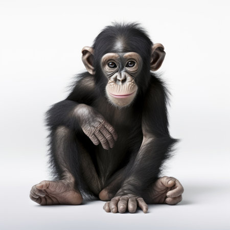 a chimpanzee baby sits on a white background in this contemporary realist portrait photograph. with a humorous tone, this national geographic photo showcases photorealistic rendering and innovative techniques. the orderly symmetry adds to the overall composition, creating an engaging illustration. ai generatedの素材