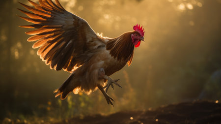 a hen gracefully soars through the countryside, illuminated by the warm rays of the sun. its feathers display a captivating blend of dark red and beige hues. this stunning photograph captures the essence of nature's beauty, showcasing the hen in flight. a masterpiece in breakdance photography, this image embodies the spirit of cryptid academia and has earned recognition from national geographic. the use of vrayの素材