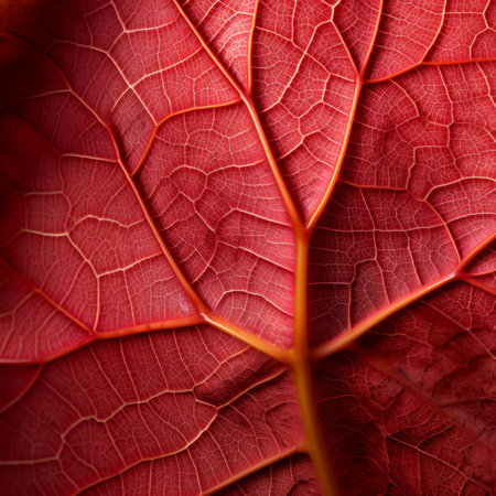 a single leaf with red veins showcasing mind-bending patterns and intricate craftsmanship. this close-up shot captures the monochromatic color scheme and vibrant color combinations, highlighting the organic forms and patterns found in nature. ai generatedの素材