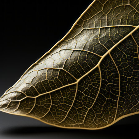 a gold leaf on a black background, showcasing the intricate details of organic architecture. the avant-garde ceramics and realistic renderings of the human form add depth to the composition. captured with the zeiss batis 18mm f2.8 lens, the backlit photography highlights the distinctive textures, creating a visually captivating image. ai generatedの素材