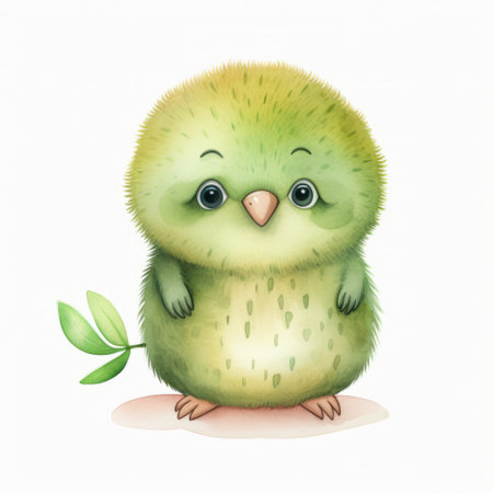 a cute little green bird illustration with leaves on a background, showcasing a hyper-realistic style. this artwork draws inspiration from plush doll art, moche art, and watercolor illustrations. the color palette includes light yellow, dark brown, light magenta, and light green. ai generatedの素材