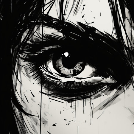 a closeup photo capturing jeffrey's face in darkness, featuring scratchy pen strokes and a blind contour technique. the fisheye perspective adds a unique touch to the stark hatch shaded sketchy scribbly style, highlighting the strong angular shapes and woodcut shading. the pouty lips and hungry eyes create a minimalist realistic feel, with anime proportions and a distorted perspective. ai generatedの素材