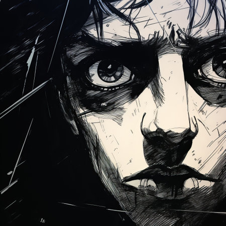 a closeup photo capturing jeffrey's face in darkness, with scratchy pen strokes and a blind contour technique. the fisheye perspective adds a unique touch to the stark hatch shaded sketchy scribbly lines. the use of ink creates strong angular shapes and woodcut shading, while emphasizing the pouty lips and hungry eyes. the minimalist realistic style with anime proportions and distorted perspective adds an intriguing elementの素材