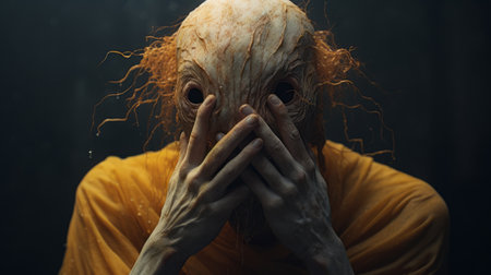 the photo features a hyper-realistic sci-fi style image created by alessio albi and bryce 3d. the white text overlays a shocking scene of a mango old creature with hands on top of its head, displaying intense emotion. the image is characterized by minimal retouching, grainy texture, and bold, dynamic lines, giving it a tenebrous atmosphere. andrew ferez's artistic touch is evident in this captivating composition.の素材