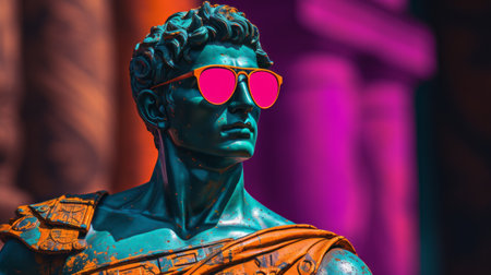 a statue wearing pink sunglasses stands out with its attractive and vibrant appearance. inspired by retrowave, the statue features a saturated color palette reminiscent of hercules seghers and michelangelo's works. the realistic hyper-detailing brings the statue to life, while the light azure and orange hues add a touch of vibrancy. the statue's style is reminiscent of the olympus xa2 camera. ai generatedの素材