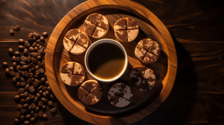 a photo of coffee, baked chocolate cookies, and coffee beans arranged on a wooden table. the image is captured in the style of the tokina at-x 11-16mm f/2.8 pro dx ii lens, showcasing a symmetrical grid composition. the table features layered veneer panels with circular shapes, creating a visually appealing contrast of dark amber and beige tones. ai generatedの素材