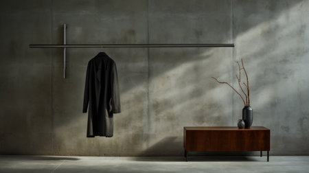 the coat rack, hanging from a coat stand in a room, exudes a contemplative atmosphere with its deconstructed tailoring style. captured using fujifilm eterna vivid 500t, the photo showcases subtle chiaroscuro and urban grittiness, while maintaining a sense of zen minimalism. the overall composition is elegantly formal, making it a visually captivating image. ai generatedの素材