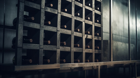 a warehouse scene showcasing rows of wine bottles, exuding a gothic ambiance with dark and moody tones. the image features a vintage atmosphere, with a textural surface treatment that adds depth. the selective focus draws attention to the intricately carved wood blocks, reminiscent of a confessional. cinestill 50d film enhances the overall aesthetic. ai generatedの素材