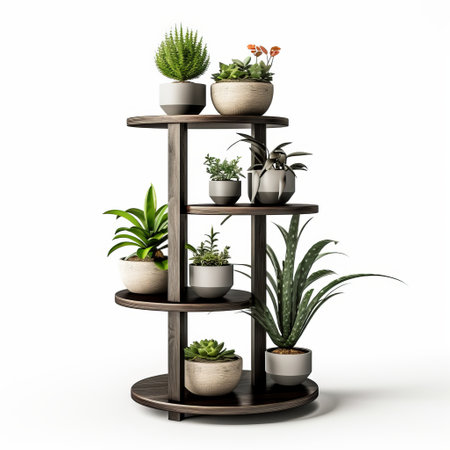 a 3d model of a set of crockery shelves with a flower pot, featuring a naturalistic rendering in uhd image quality. the shelves are designed in a spiral group pattern, made of dark bronze and white wood. the model showcases a zen-like tranquility and is highly detailed. ai generatedの素材