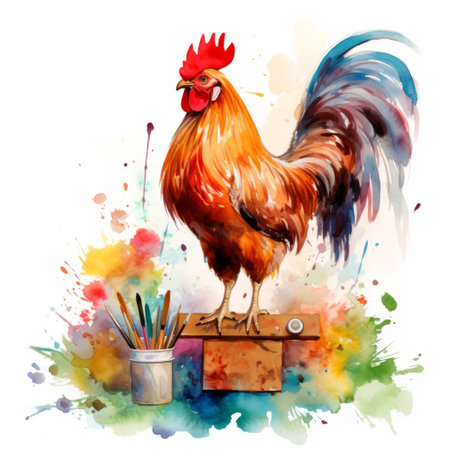 white rooster illustration isolated on a white background. the image showcases a watercolor paint effect, resembling a tapestry or sketch. the style of painting and writing tools is evident, with vivid color blocks creating a still life focus. this mixed-media sculptor features light amber and red tones, creating a visually captivating illustration. ai generatedの素材