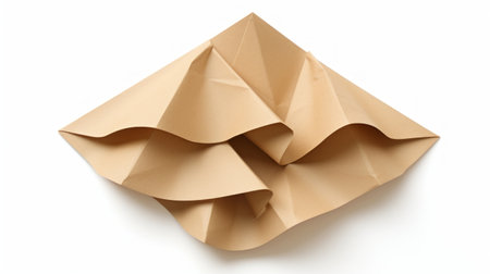 an origami sculpture, shaped like a large-scale paper fold, stands alone on a white background. the precisionist lines and unconventional materials create a unique piece of art. with its slumped and draped appearance, the light brown and beige colors add depth to the sculpture. the holotone printing technique enhances the zigzag patterns, making it visually captivating. ai generatedの素材